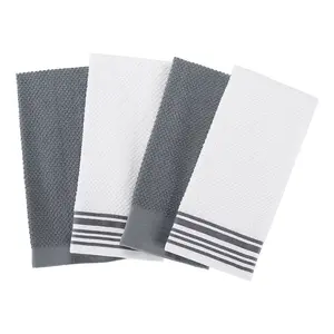 4-Pack 16”X26” Woven Kitchen Towel Set Grey & White Absorbent Cotton Towels for Kitchen Cleaning