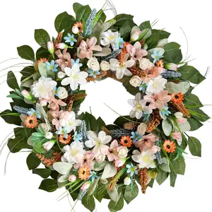 CIR OASES 24-Inch PVC & Wood Spring Floral Wreath, Front Door Decoration with Pink, White Flowers & Greenery, Ideal for Easter, Wedding, Farmhouse Ornaments (Indoors & Outdoor)