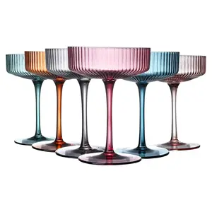 Art Deco Colored Vintage Coupe Glasses, Ribbed Crystal Handmade Martini, Cocktail & Champagne Glasses, Perfect for Dessert, Manhattan, Cosmopolitan, Gimlet, Pisco Sour - 7Oz