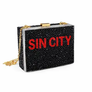 Sin City Theme Siam Red Luxe Crystal & Jet Black Las Vegas Design Box Clutch Bag