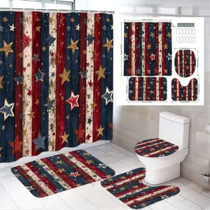 4pcs  Patriotic American Theme Shower Curtain Set, Rustic Wood Texture, Striped Blue Design, Golden Silver Stars, The floor mat fabric is thicker and softer! Festive Bathroom Décor