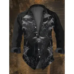 FashionMen'sVintageDarkSkullPrintsLongSleeveShirtsSkullPrintsBlackTopsRegularFit,LapelCollarPolyesterStreetwear