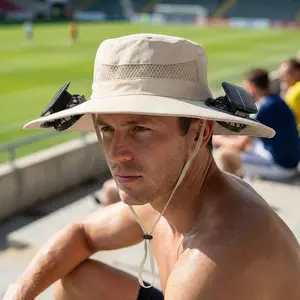 2026 Summer Soccer Fan Hat - Dual Solar & USB Powered Cooling Fan Hat, Wide Brim Sun Protection for Stadium, Golf, Fishing, Hiking - Adjustable Breathable Rope Bucket Hat for Men/Women Rope Hat Rope Brim Hat Performance Golf Hat