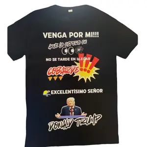 Maduro/Trump Black T-Shirt with "Venga Por Mi!!" Text & Donald Trump Graphic Design Cotton Material Menswear Tops Crewneck Short Sleeve Tropical Style Casual Shortsleeve Natural Tshirt Streetwear