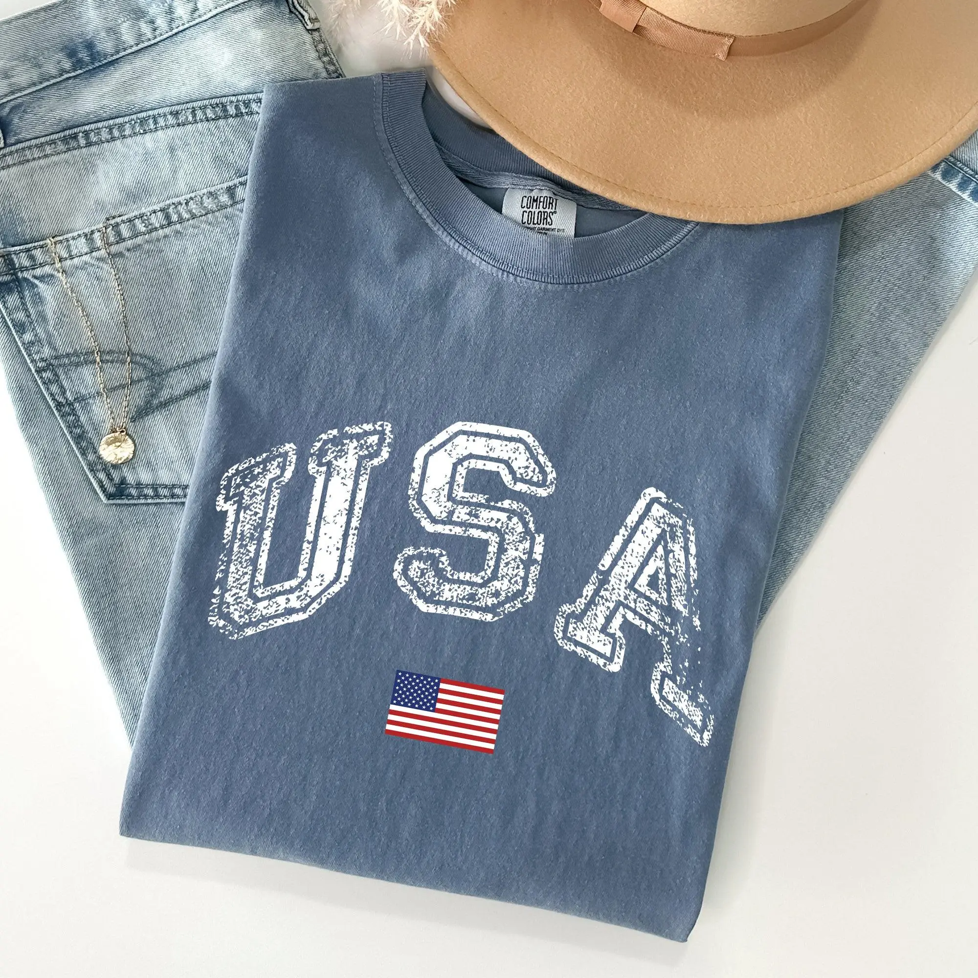 Vintage USA, Retro Flag America Patriotic 4th of July Tshirt, Women's Crew Neck, Crewneck
