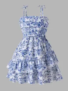 Girls' Sleeveless Floral Print Dress with Lace Trim, Fit, Comfortable Fashion Elegant Style, Perfect for Casual Wear, Elegance