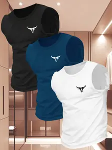 Men's Summer Casual Sleeveless Vest, Bull Horn Pattern Print, Outdoor Sports Wear, Gym Clothing, Daily Versatile, 3 Pack Set, Gym Outfits, Fitness Workout Vest, Casual Sporty Vest, Sports Vests