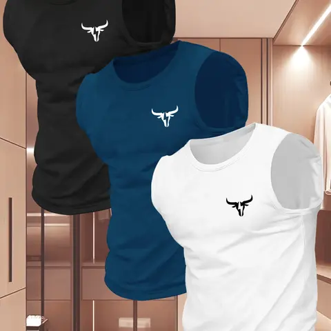 Men's Summer Casual Sleeveless Vest, Bull Horn Pattern Print, Outdoor Sports Wear, Gym Clothing, Daily Versatile, 3 Pack Set, Gym Outfits, Fitness Workout Vest, Casual Sporty Vest, Sports Vests