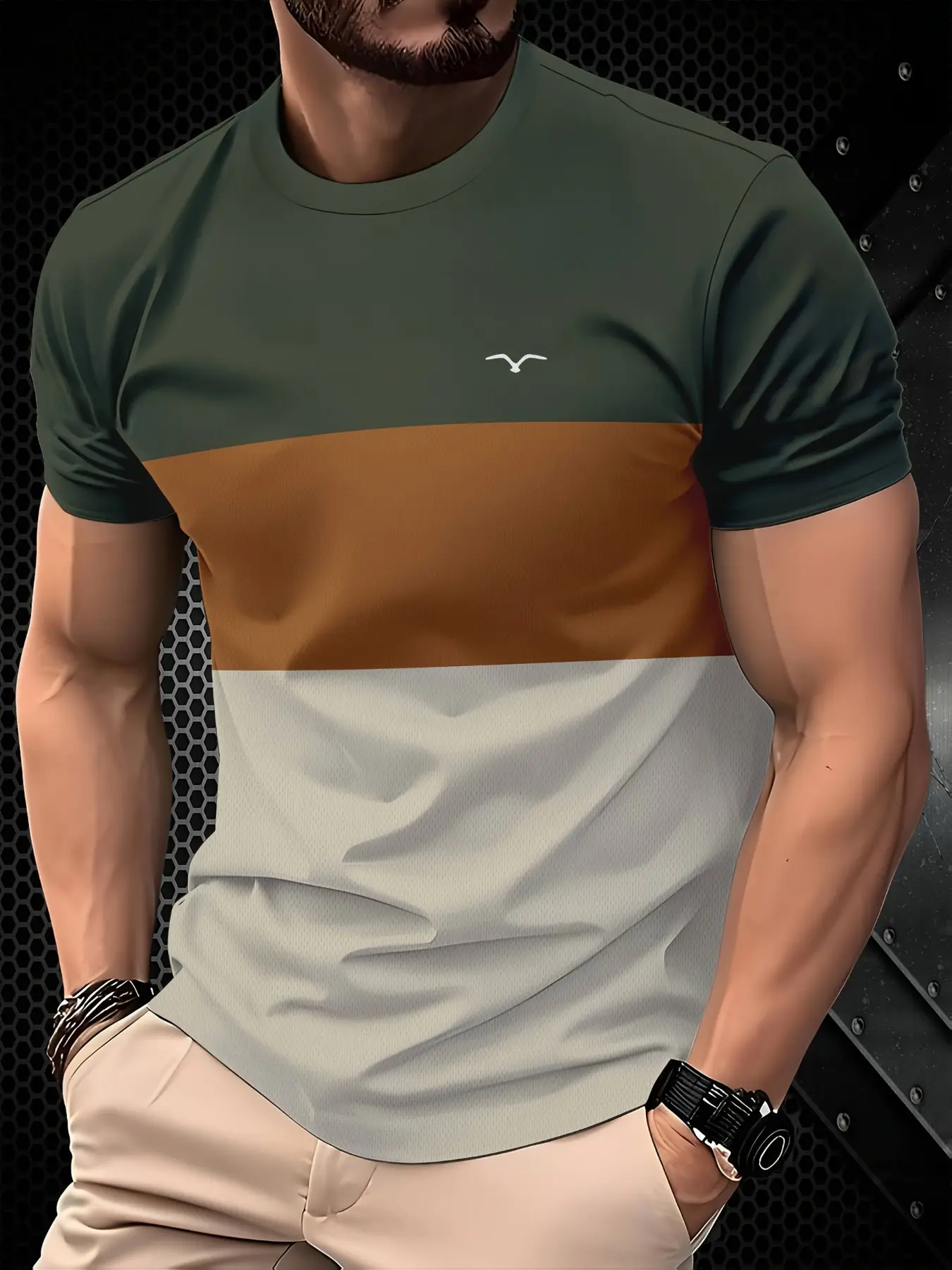 Men's Fashion Colorblock Short Sleeve Round Neck T-Shirt, Slim Fit Breathable Casual Streetwear Top, Graphic Print, Fitted Long Clothing, All Seasons