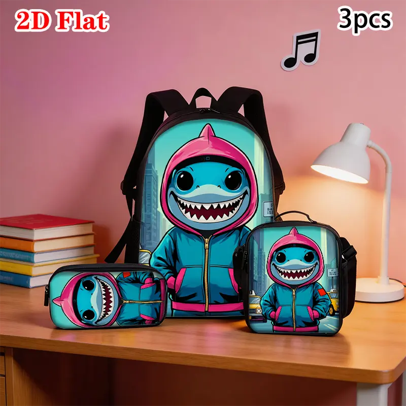 3pcs Cartoon Shark Print Backpack Lightweight Daily Large Capacity School Bag Travel Bag with Shoulder Bag Pencil Bags Gift