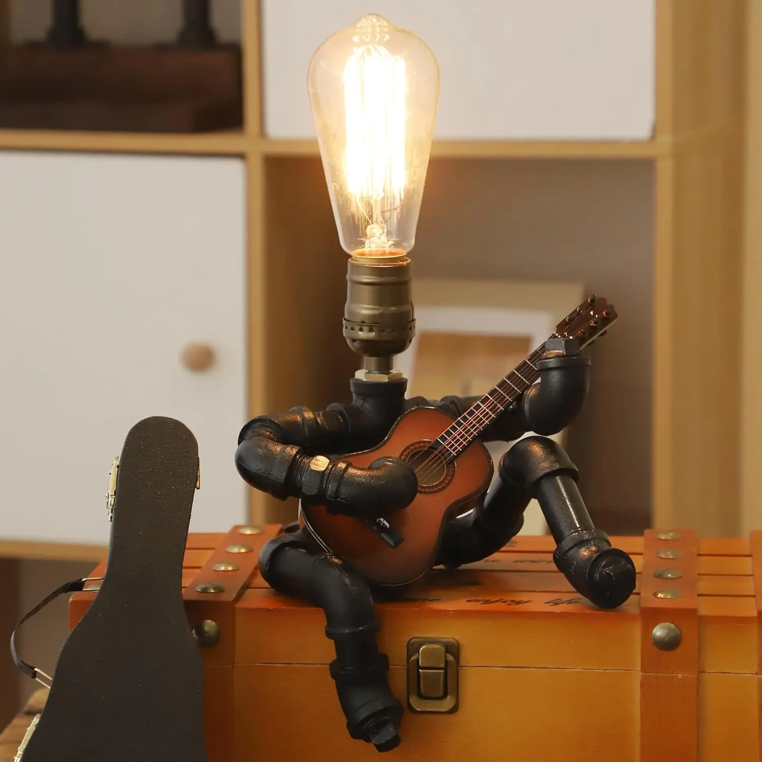 Steampunk Music Guitar Table lamp,Industrial Desk Lamp dimmable, Metal Pipe Robot Lights, Decor Guitar Stuff Cool Gifts for Music Lovers,Free Edison Bulb