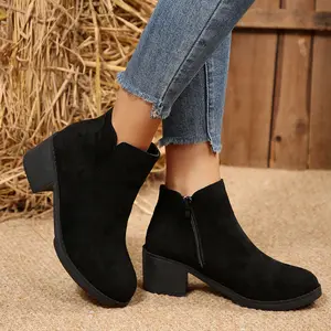 Black suede fashionable thick heeled short boots online women boutique girlfriend wife