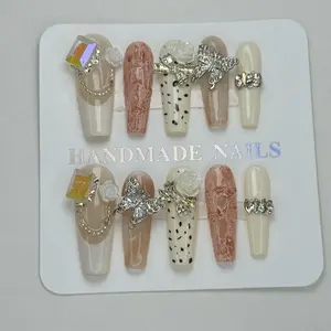 Luxury Handmade Press-On Nails Kit - White Long Coffin Heavy- 10pc - Nude French Style - Perfect for Manicure - Nail Art