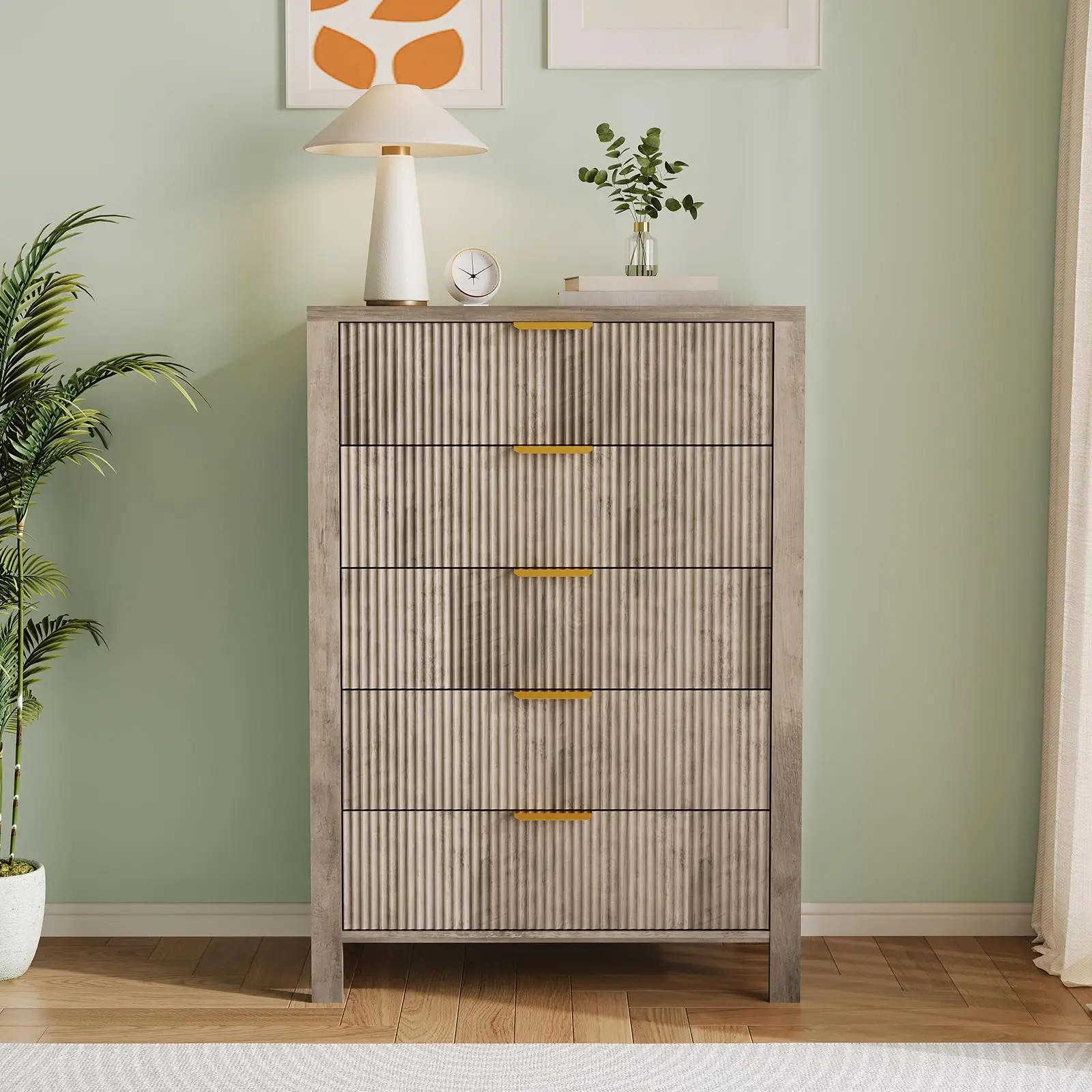 Garvee Fluted 5 Drawer Dresser, 45 in Tall Slim Dresser for Small Spaces, Modern Farmhouse Wooden Chest of Drawers for Bedroom Nursery Apartment, Easy Assembly