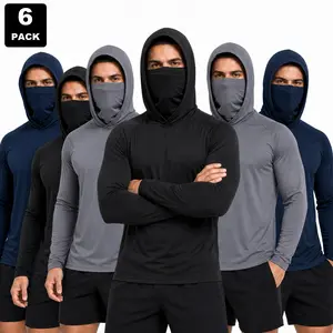 6-piece set men's outdoor work sun protection clothing with sun-blocking hoodie, featuring built-in face mask and neck guard, breathable long-sleeve hoodie Breatheable