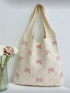 Women's Simple Large Capacity Bow Decor Knitted Shopping Bag, Casual Handbag and Travel Bag, Cute Bow Clutch, Handheld Bag Purse