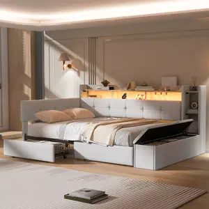 Full Size Upholstery Daybed with Storage Drawers, Footstool and Shelves,USB Charging and LED Light, Wooden Platform Bed Frame with Slats, No Box Spring Needed, Beige