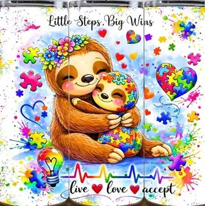 20oz Sloth Autism Tumbler - Little Steps Big Wins Design with Heart and Puzzle Pieces Motif