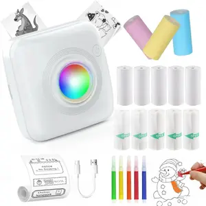 Portable Thermal Mini Sticker Printer, Inkless Kids Sticker Machine, Small Printer with 13 Rolls Paper, Photo Diary Note Memo Gift