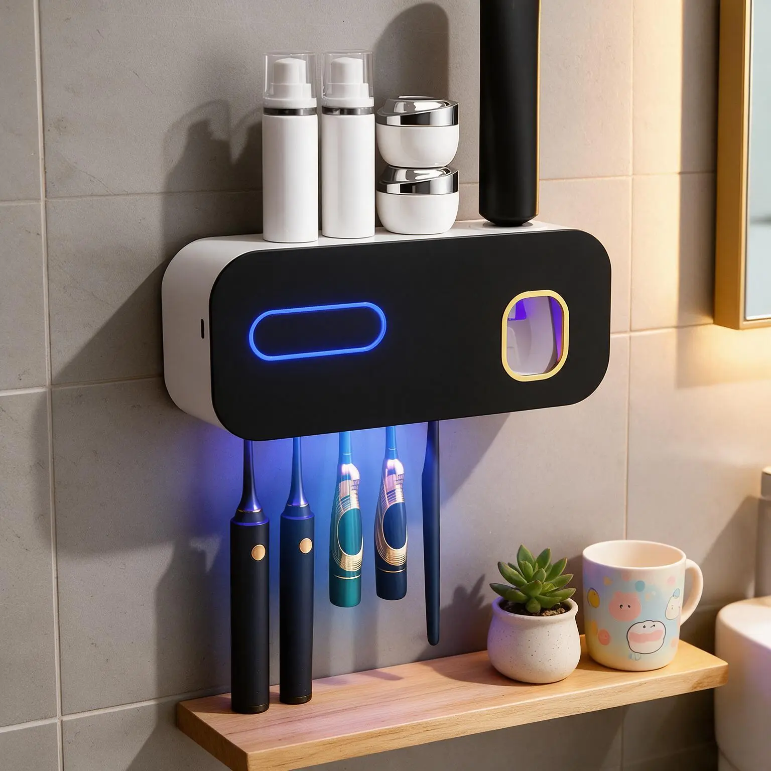 UV Toothbrush Sanitizer Holder with Automatic Toothpaste Dispenser, Wall Mounted Tooth Brush Sterilizer for Bathroom, Rechargeable UVC Toothbrush Cleaner Storage Rack for Electric & Manual Toothbrushes
