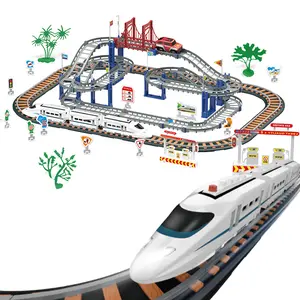 Urban Rail Transit Set for Kids Electric Train with Tracks Lights-Up Bridge Road Signs Realistic Sound Effects Playset Boy Toys Birthday Decoration
