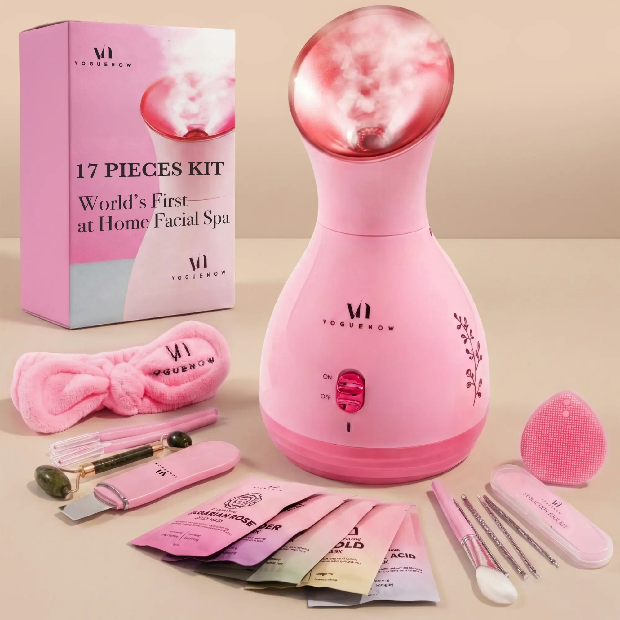 VogueNow LuxGlow 17-Piece Facial Steamer Spa Kit with 3 Modes, Compact and Lightweight,  Helps Deep Clean and Purify Pores, Leaves Skin Soft, Hydrated & Glowing