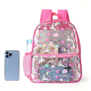 Cartoon Print Transparent PVC Travel Backpack Adjustable Strap Lightweight Unisex Commuter Casual Bag Exclusive Holiday Gift