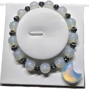 Opalite Crescent Moon Beaded Bracelet with Elegant Hematite Accents and Smooth Opalite Beads for Stylish Wear