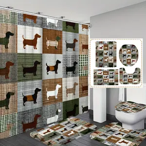 1pc/4pc Dachshund Patchwork  printed shower curtain, shower curtain set with 12 hooks. The shower curtain set includes a bath mat, U-shaped floor mat, toilet seat cushion, bathroom accessories a