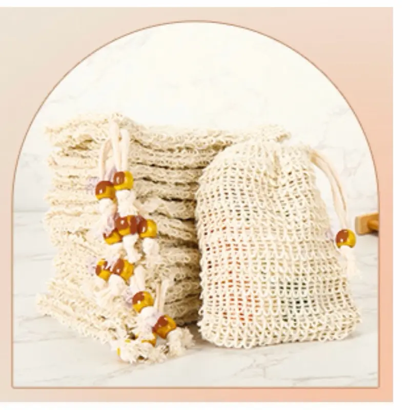 Soap Saver Bag Exfoliating Sisal Soap Pouch with Drawstring Bar Wooden Bead Foaming and Drying Exfoliating Net for Bath and Shower 3.5x5.5 Inch