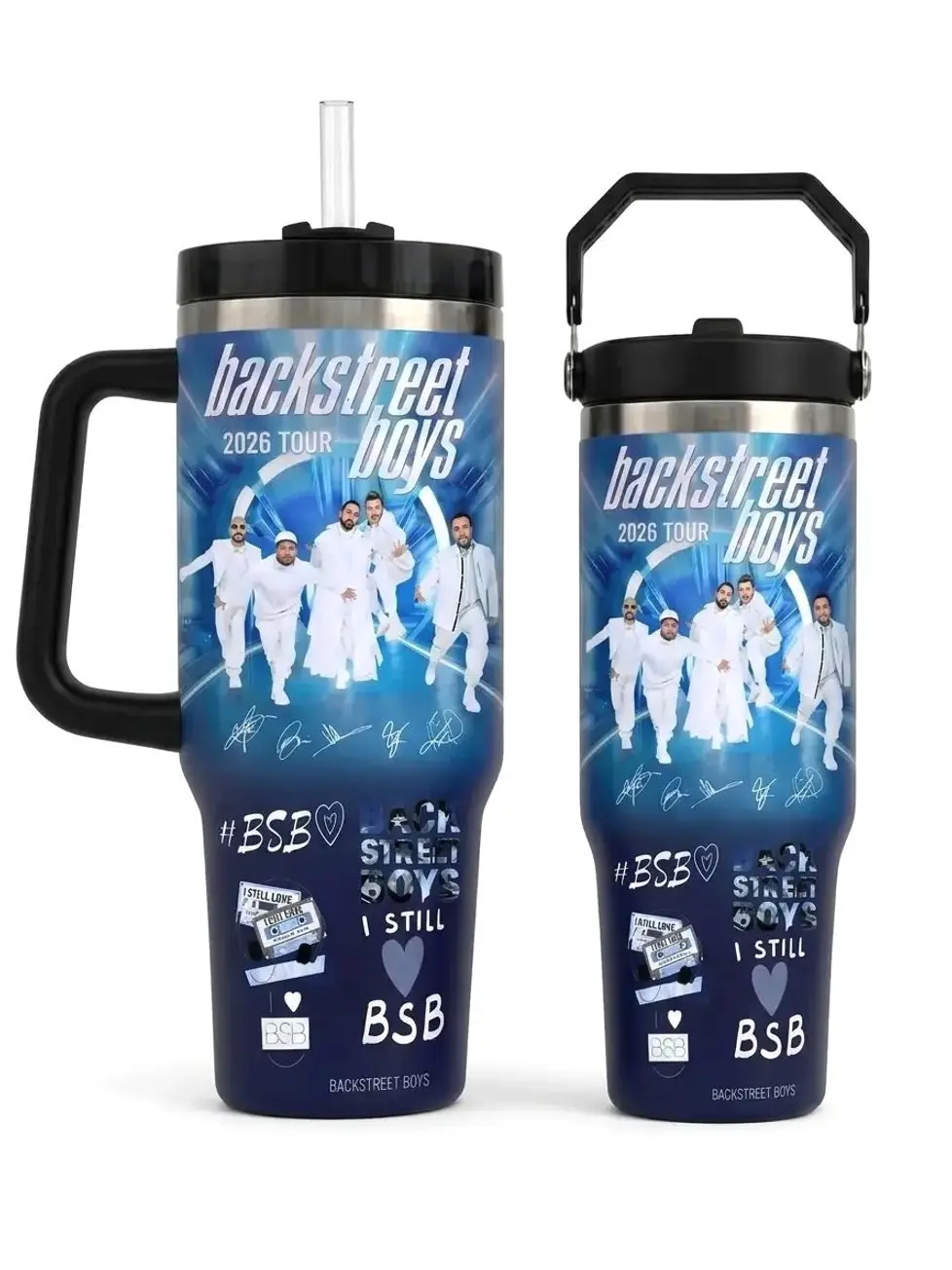 Backstreet-B0ys Insulated Stainless Steel Tumbler - 30oz/40oz with Handle & Lid, Portable Into The Millennium Las Vegas 26 Music Fan Travel Mug, Blue White Concert Gift (Straw Not Included), Insulation, Printed