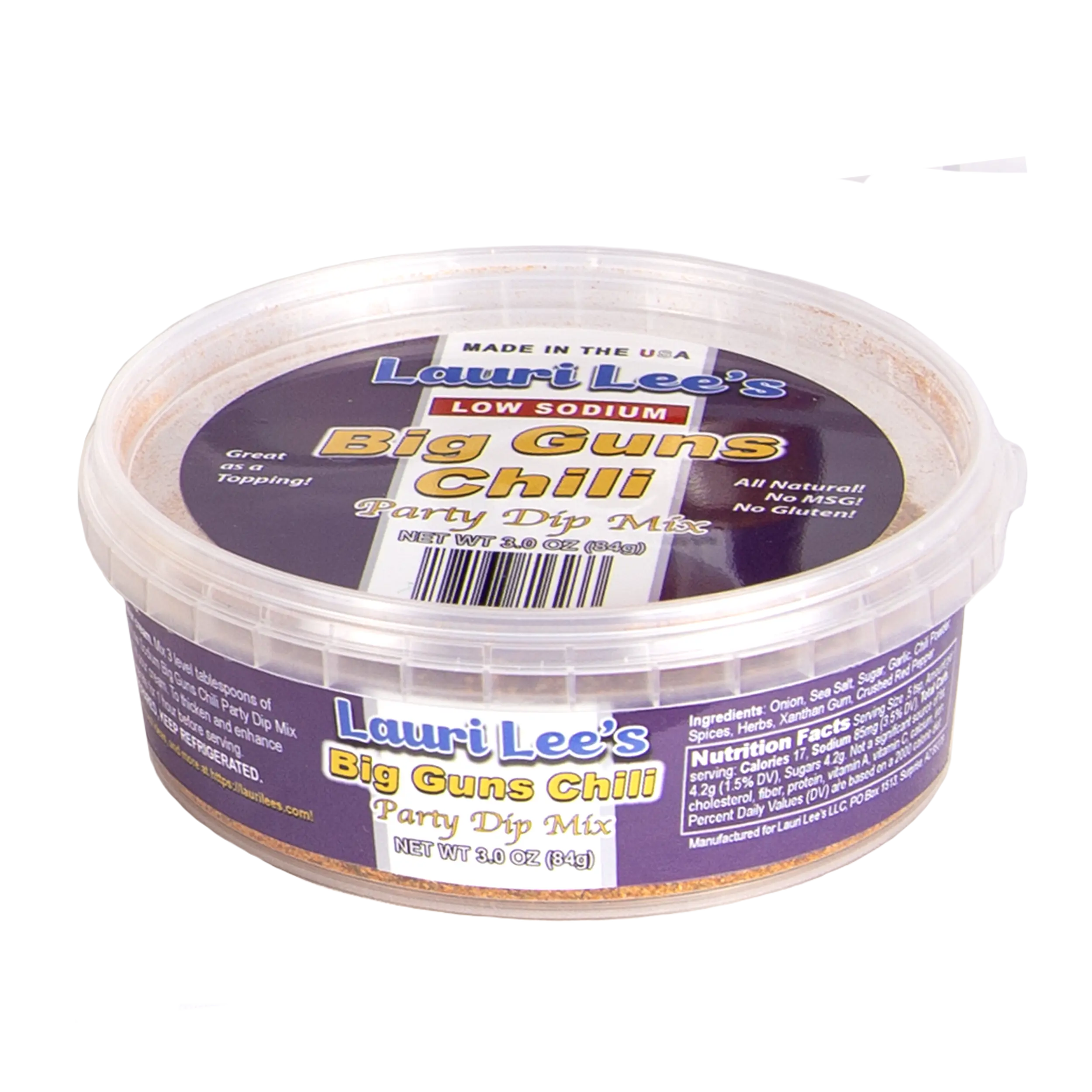 Lauri Lee's Big Guns Chili Dip Mix - Low Sodium Party Dip - 3 oz. Tub - Bring the Big Guns of Flavor to Your Next Party! - Made in USA