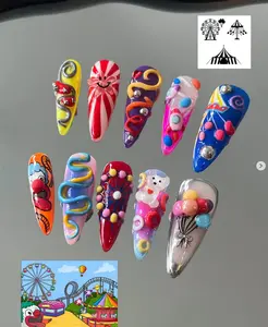 Circus Funfair Press On Nails | Colorful 3D Carnival Nail Art with Clown, Balloons & Candy Swirls | Handmade Set for Party & Cosplay Looks