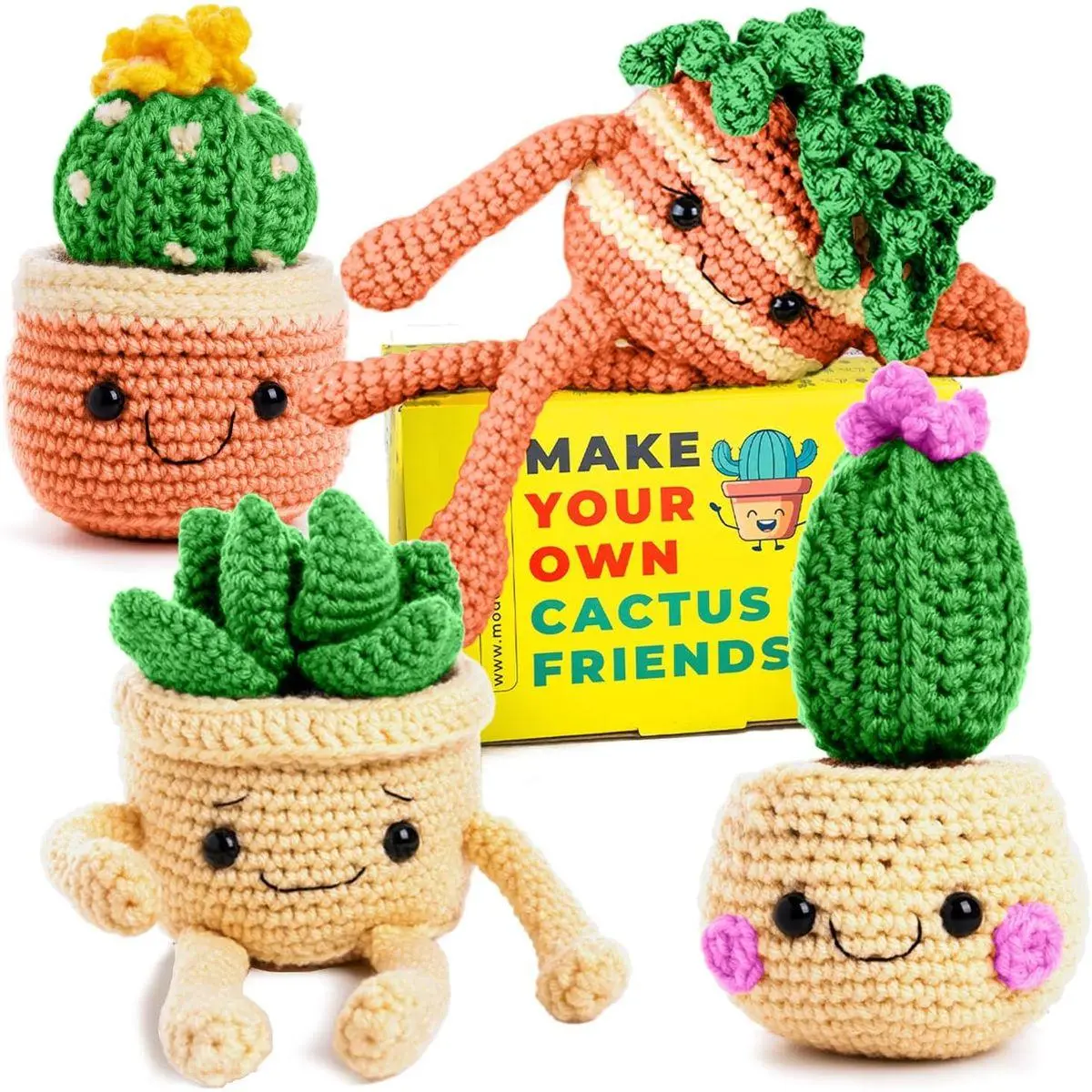 Crochet Kit for Beginners - Beginner Crochet Starter Kit with Easy-to-Follow Video Tutorials, Learn to Crochet Kits for Adults and Kids, DIY Knitting Supplies, Cactus Kit, 4 Pack Plants Family