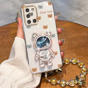 A31 Fashion Series Golden Jewelry Strap Lanyard Phone Holder Case For Compatible With Samsung Galaxy A31 Plating Cover and Impact Resistant Beautiful Lucky Bear Protector Cases
