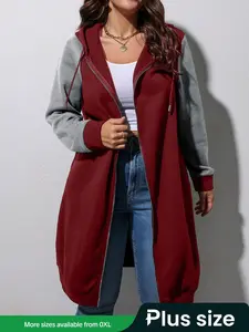 Women's Plus Size Hooded Long Sweatshirt, Comfortable Casual Fitted Versatile Hoodie, Stylish Fall & Winter Fashion, Perfect for Daily Wear