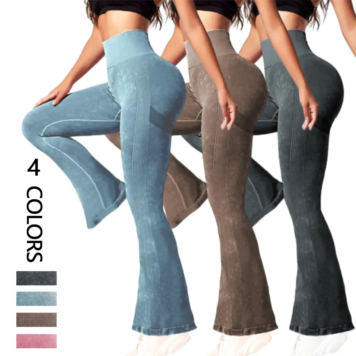 Women's Solid Color Letter Print High Waist Seamless Sports Flare Leggings - All Seasons, Stretch Fit, Ideal for Yoga and Exercise, High Stretch Fit