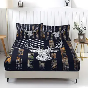 Creative American Flag Deer Head Print Bed Sheet Set, Complete Sheet Set, Warm Comfortable Bedding, Ideal for Young Adults' Bedroom Decor, Includes 1 Fitted Sheet & 2 Pillowcases