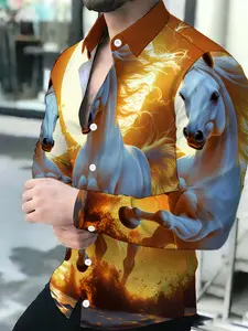 Men's Breathable Lapel Long Sleeve Cardigan Knitwear with Golden Sunset Galloping White Horse Print