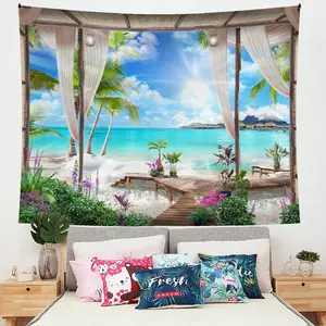 Tropical Beach Pattern Tapestry, Summer Landscape Pattern Hanging Tapestry, Wall Hanging Decor for Home Bedroom Living Room