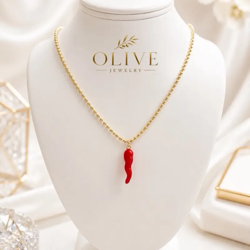 Olive Jewelry Red Italian Horn Necklace- military link chain perfect for everyday wear brass non tarnish material 18” to 19” inch long