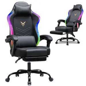 GTPLAYER Gaming Chair with Footrest, Recliner Chair with Led Lights, Headrest & Lumbar Support, Linkage Armrest,Ergonomic Gaming Chair, High Back Office Home, Black