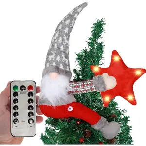 Christmas Tree Topper  Decorations with Lights,21.7 Inches  Embrace Christmas Tree  with Lighted ,Christmas  Decor Curtain Tie  Bottle Decoration(Grey hat)