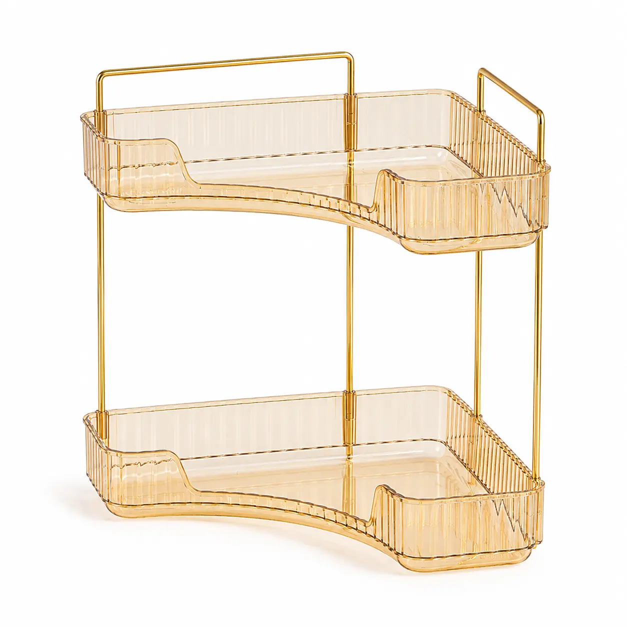 2 Tier Corner Bathroom Counter Organizer, Clear Acrylic Storage Shelf Rack with Gold Metal Pole, Makeup Cosmetic Perfume Organizer Tray, Skincare Organizer Holder for Vanity Kitchen Sink Countertop, Space Saving Display Shelf