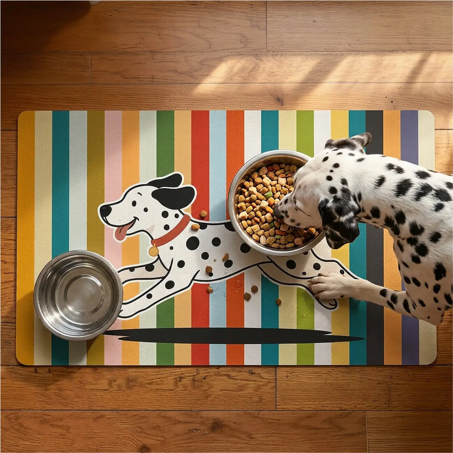 furrybaby Waterproof Leather Dog & Cat Placemat - White, Rainbow Stripe, Cartoon Design, Easy Clean, Wipe Dry