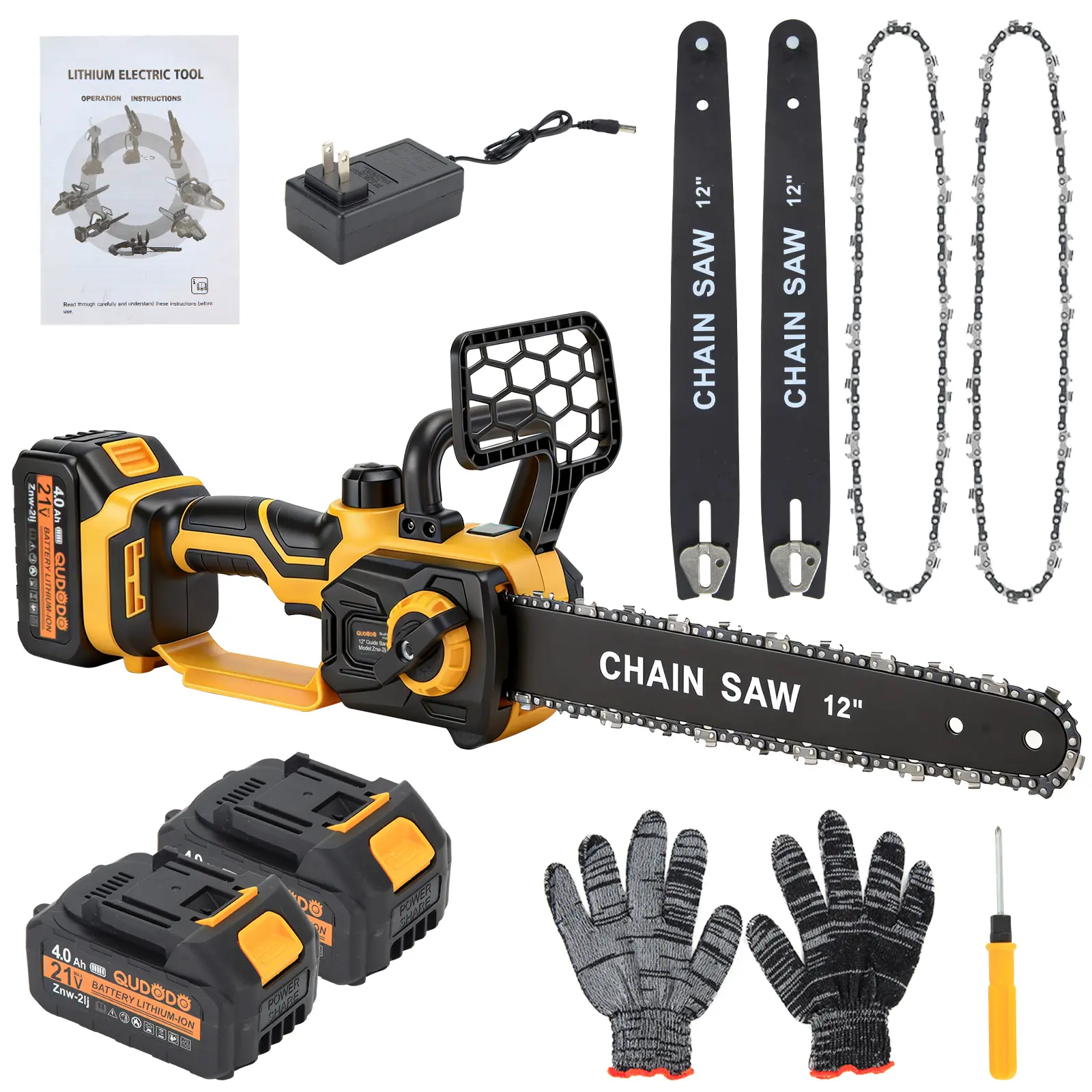 Qudodo 12" Brushless Cordless Chainsaw with 2x4.0 Ah Batteries, 1200W High Power Electric Chainsaw with Auto Oiler & 2 Guide Plates and 2 Chains, 14m/s Fast, Wood Branch Cutting, Security Lock, For Trees Trimming Yard Work