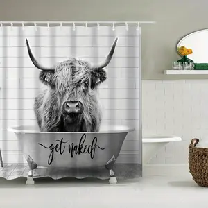 Highland Cow Shower Curtain Set, Waterproof Polyester Fiber, 76x76 Inches, Farmhouse Style Bathroom Decor, Rod Included