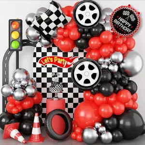 Race Car Balloon Arch Garland Kit Red Black Silver Checkered Flags & Wheels Balloons, Racing Themed Birthday Party Supplies