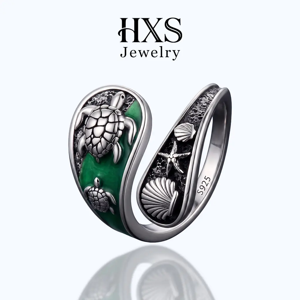 HXS Green Enamel Sea Turtle Ring, Adjustable Beach Jewelry Gift- Adjustable Beach Jewelry Gift for Jewelry Enthusiasts