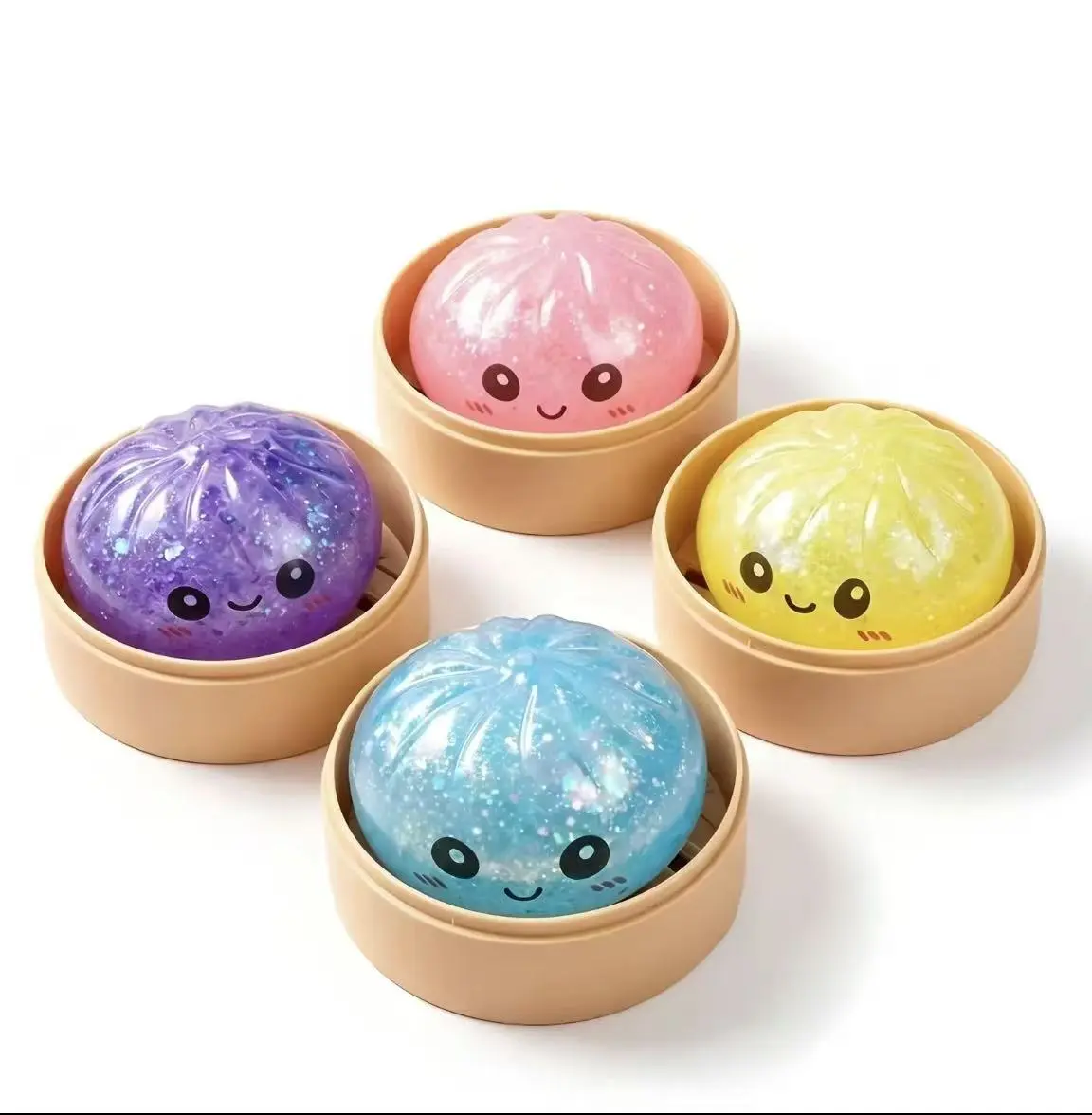White Glitter Dumpling Squishy with Bamboo Steamer Box - Classic Novelty Toy, Dumpling Squeeze Stress Balls, Ultra Soft Slow Rising Sensory Tool, Tactile Experience Kids' Stress Reliever, Birthday Party Favor Gift